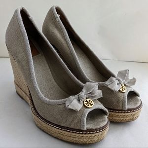 Tory Burch Jackie Peep-Toe Espadrille Canvas Linen Wedge Heels Sz 9.5